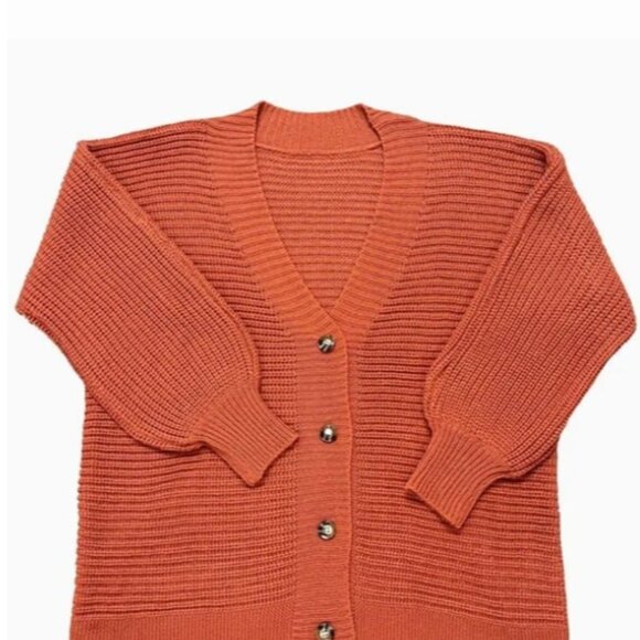 1XL14 Plus Size Casual Cardigan, Solid Button Up Lantern Sleeve V Neck Cardigan - Picture 2 of 5